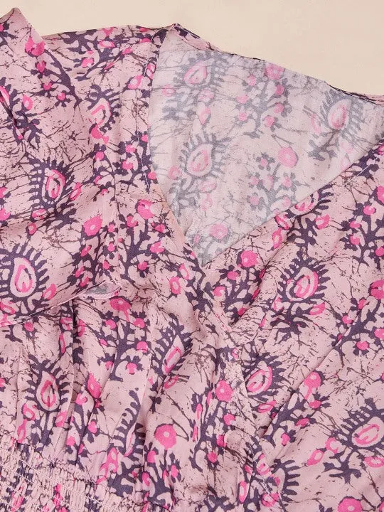 printed crossover neckline with flared sleeves & smocking at the waist top with straight pants  set in modal satin - Pink