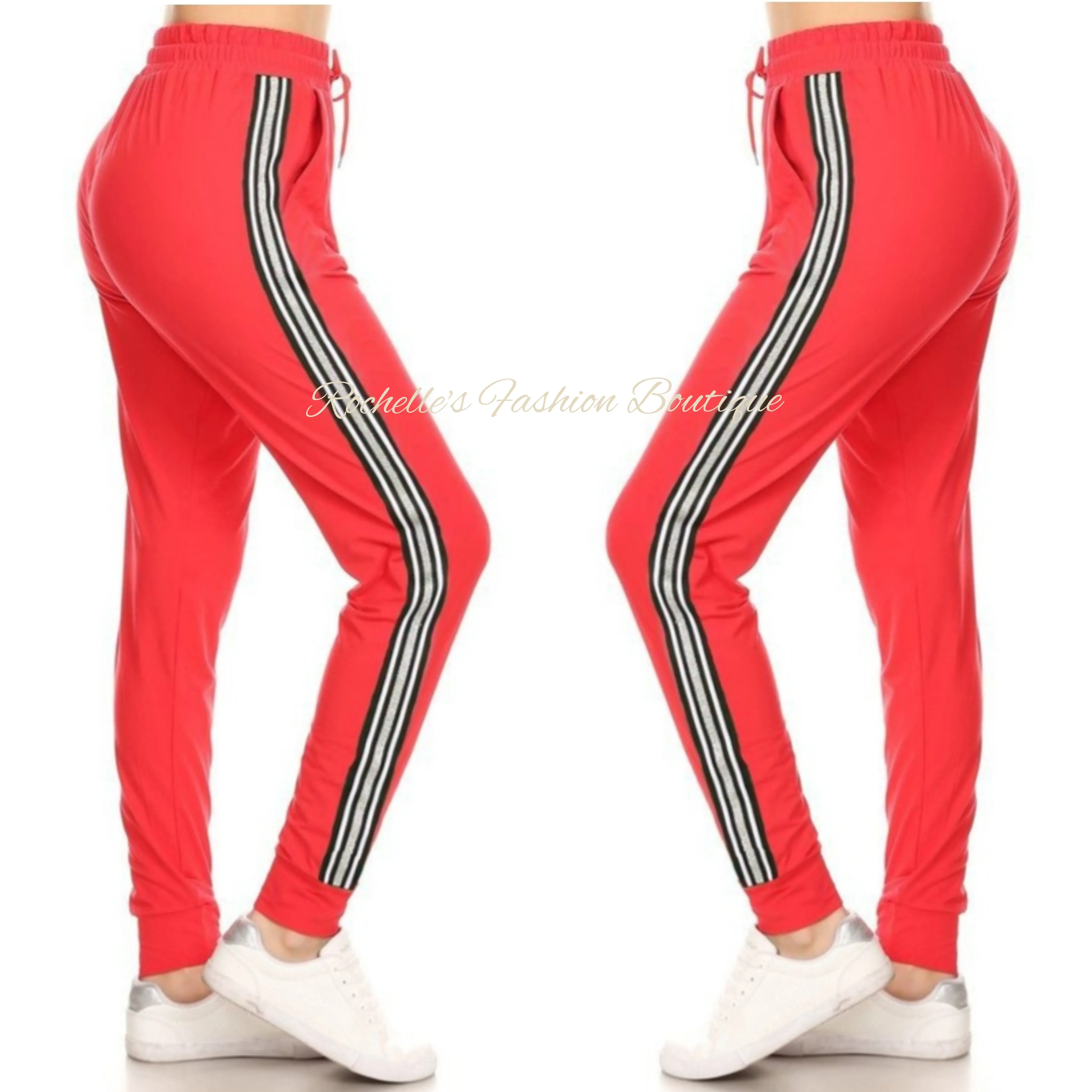 Red and White Stirpe Joggers