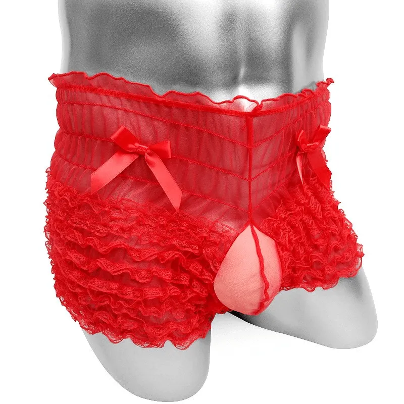 Ruffles Men's See-Through Boxers / Adult Underwear With Bowknot / Erotic Male Shorts