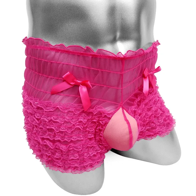 Ruffles Men's See-Through Boxers / Adult Underwear With Bowknot / Erotic Male Shorts