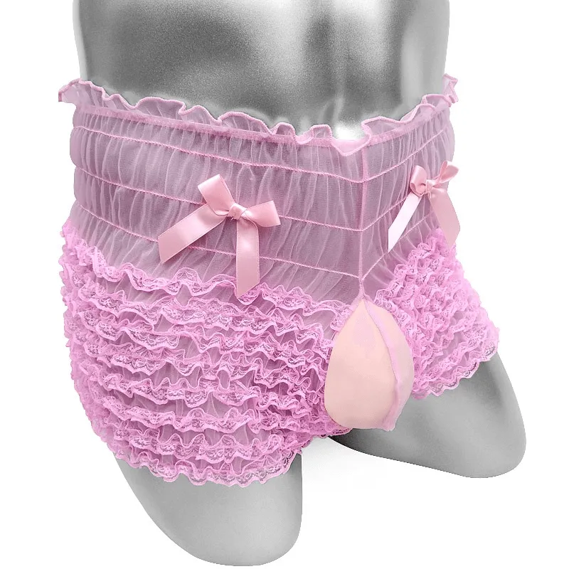 Ruffles Men's See-Through Boxers / Adult Underwear With Bowknot / Erotic Male Shorts