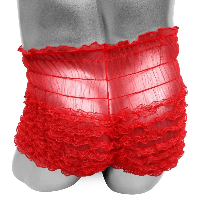 Ruffles Men's See-Through Boxers / Adult Underwear With Bowknot / Erotic Male Shorts