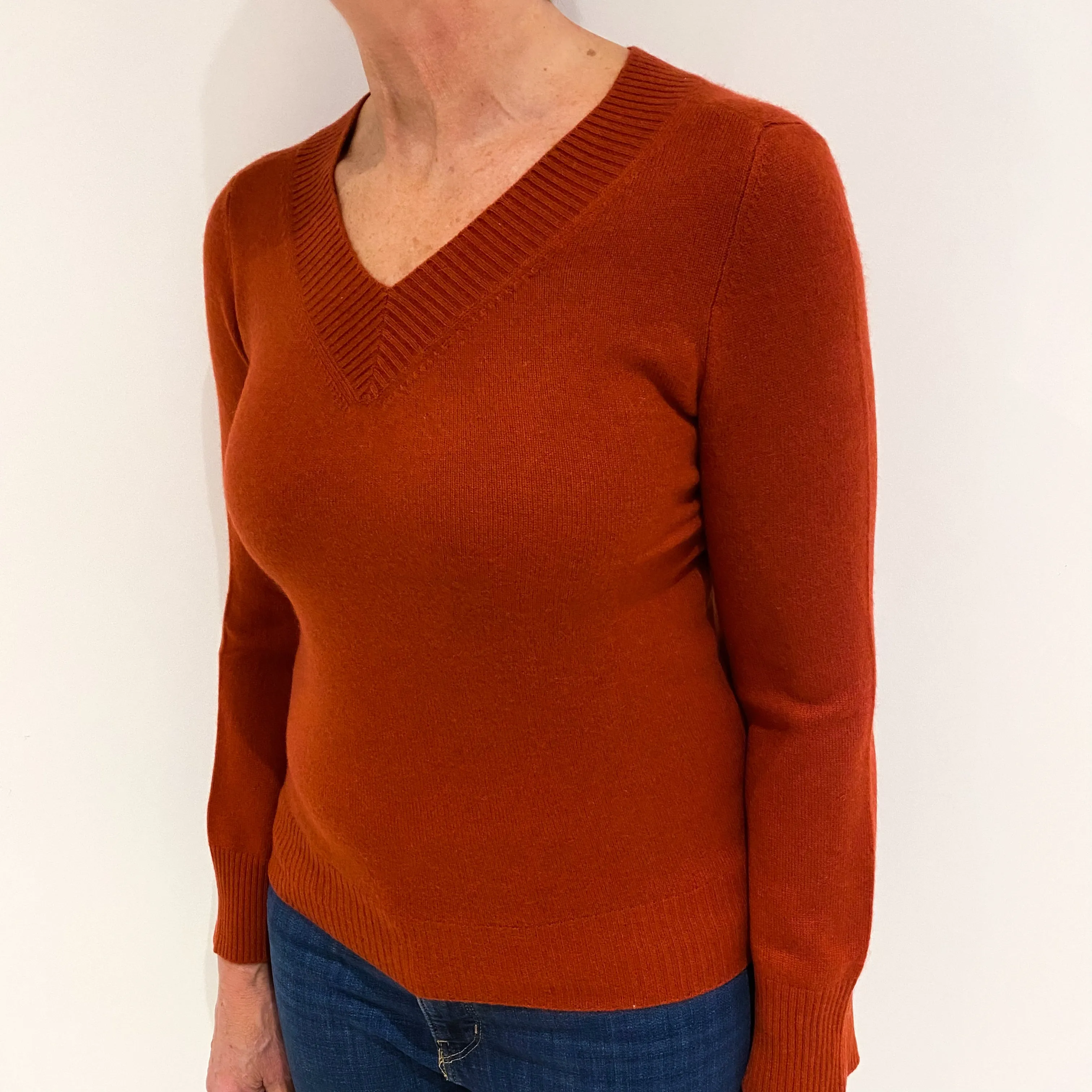 Rust Red Cashmere V Neck Jumper Medium