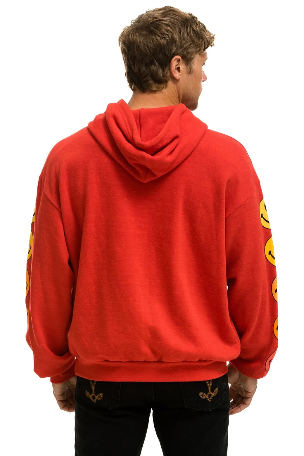 SMILEY SUNSET RELAXED PULLOVER HOODIE - RED