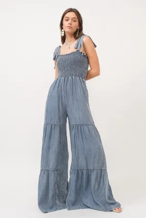 Smocked Tie Chambray Palazzo Wide Pant Jumpsuit