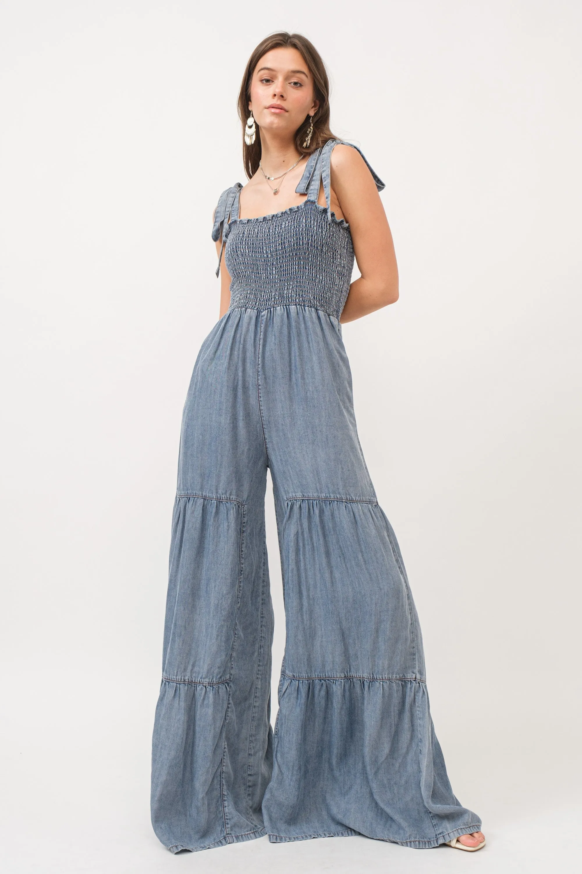 Smocked Tie Chambray Palazzo Wide Pant Jumpsuit