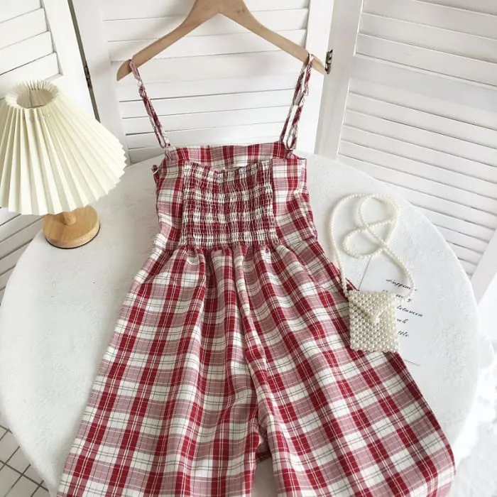 Spaghetti Strap Plaid Jumpsuit