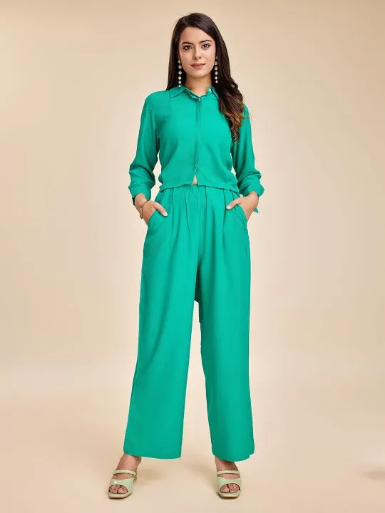 stylish crop shirt with long puffed cuff sleeves, back cutout tie-up &  pants set in Moroccan Crepe - Green