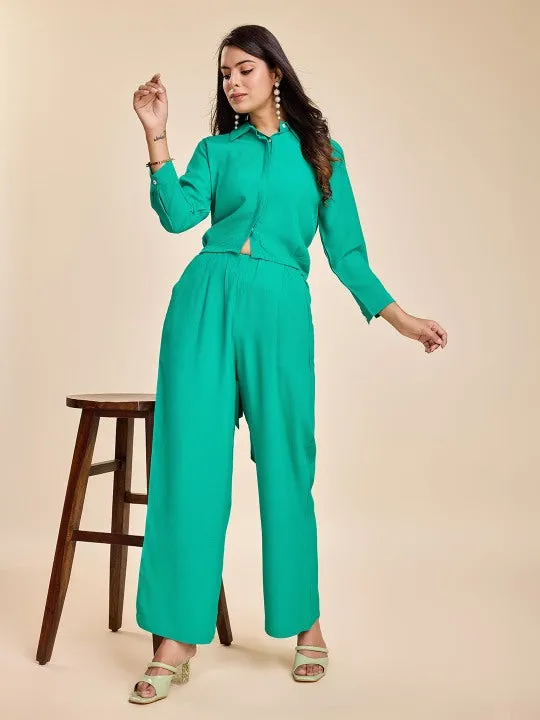stylish crop shirt with long puffed cuff sleeves, back cutout tie-up &  pants set in Moroccan Crepe - Green