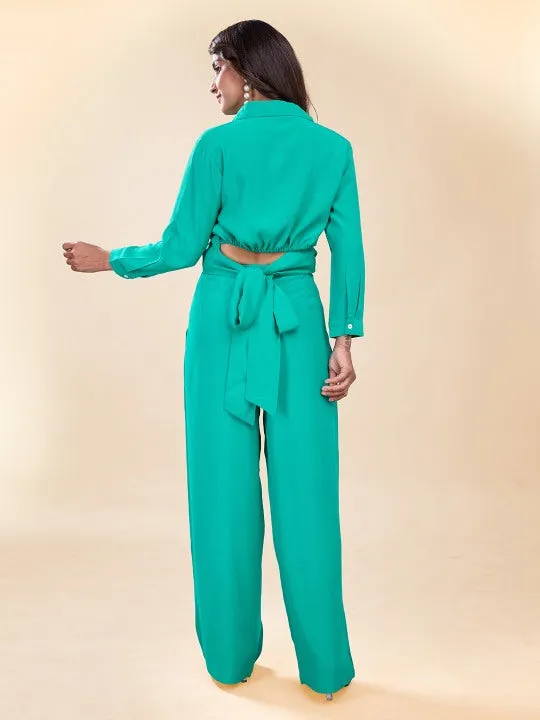 stylish crop shirt with long puffed cuff sleeves, back cutout tie-up &  pants set in Moroccan Crepe - Green