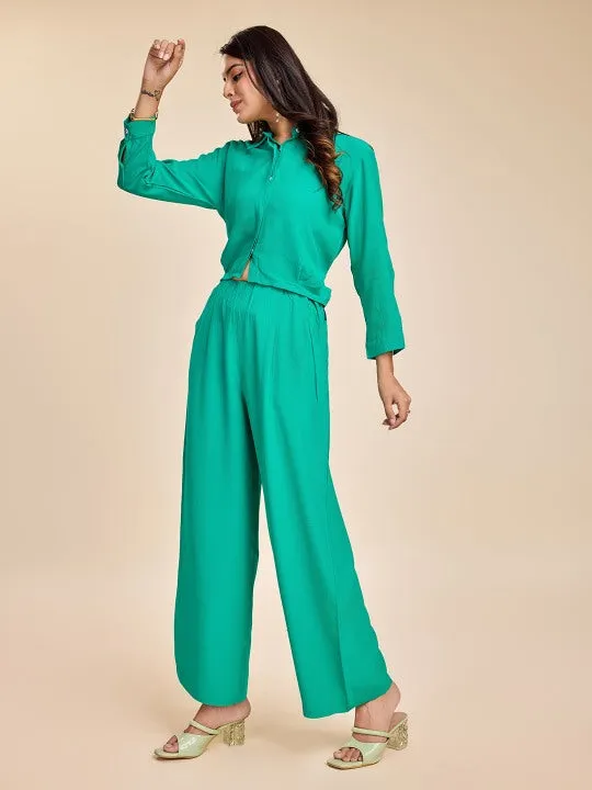 stylish crop shirt with long puffed cuff sleeves, back cutout tie-up &  pants set in Moroccan Crepe - Green