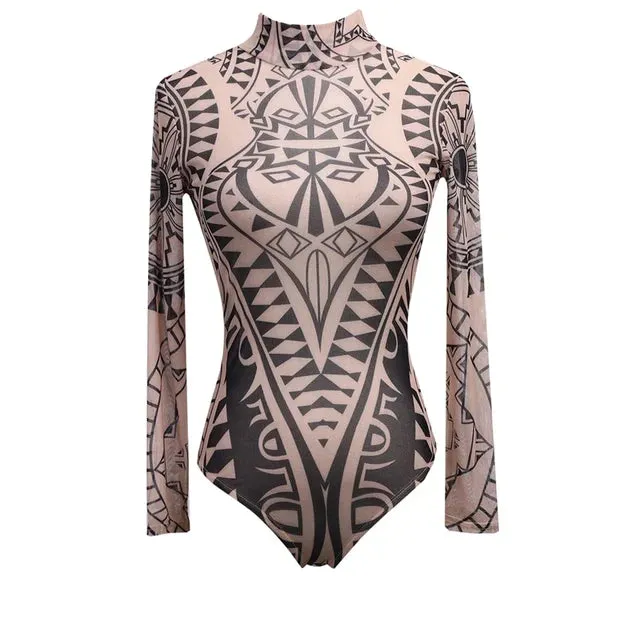 Totem Print Long Sleeve Bodysuit Stretch Leotard