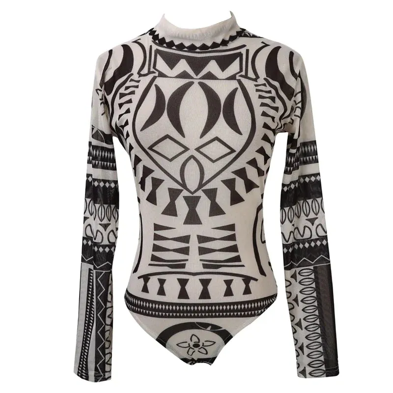 Totem Print Long Sleeve Bodysuit Stretch Leotard