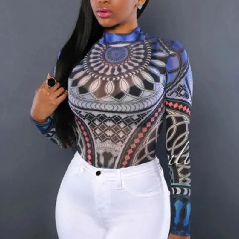 Totem Print Long Sleeve Bodysuit Stretch Leotard