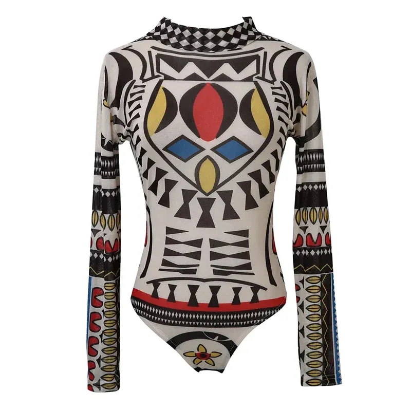 Totem Print Long Sleeve Bodysuit Stretch Leotard