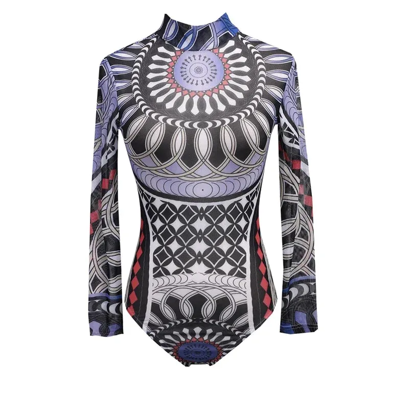 Totem Print Long Sleeve Bodysuit Stretch Leotard