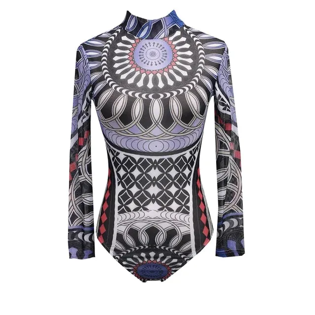 Totem Print Long Sleeve Bodysuit Stretch Leotard