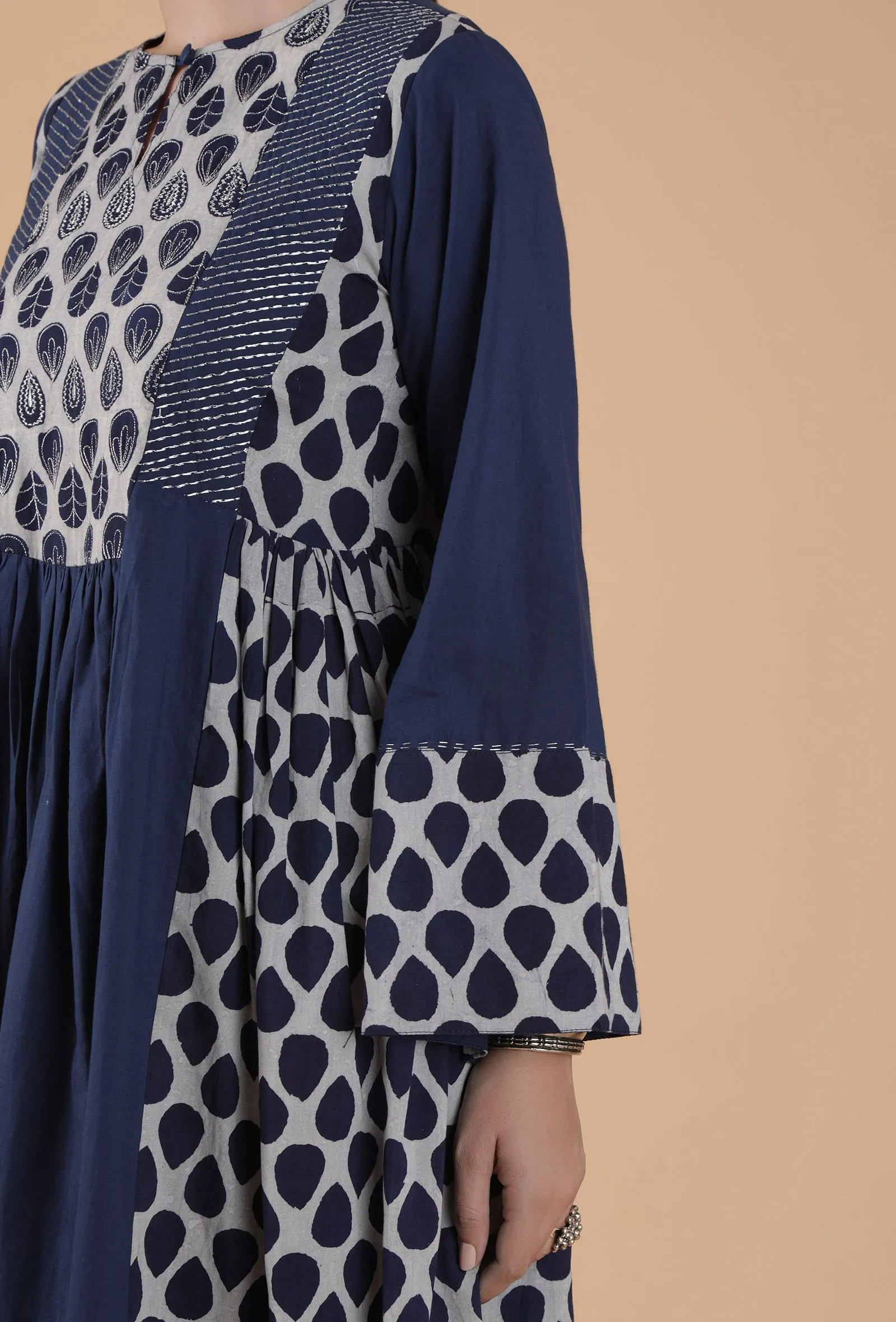 Vinita Indigo Buta Printed Panelled Gathered Kurta With Zari Embroidery