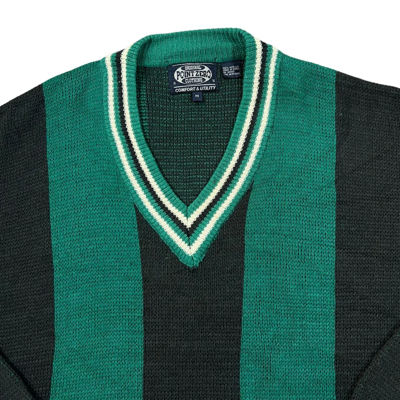 Vintage 90's POINT ZERO Made In Korea Colour Block Striped Acrylic Knit V-Neck Sweater Jumper