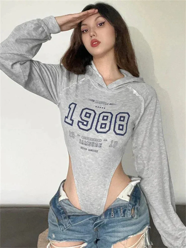 Women Letter Print Hooded Long Sleeve Bodysuits