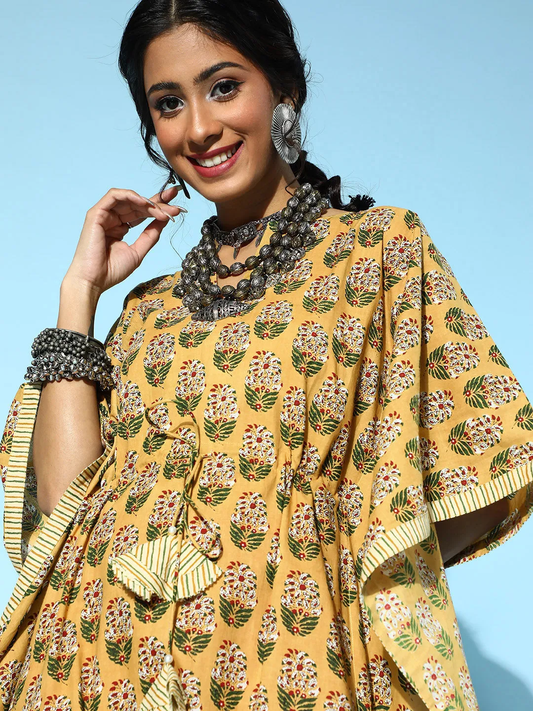 Women Mustard Cotton Kaftan Kurta