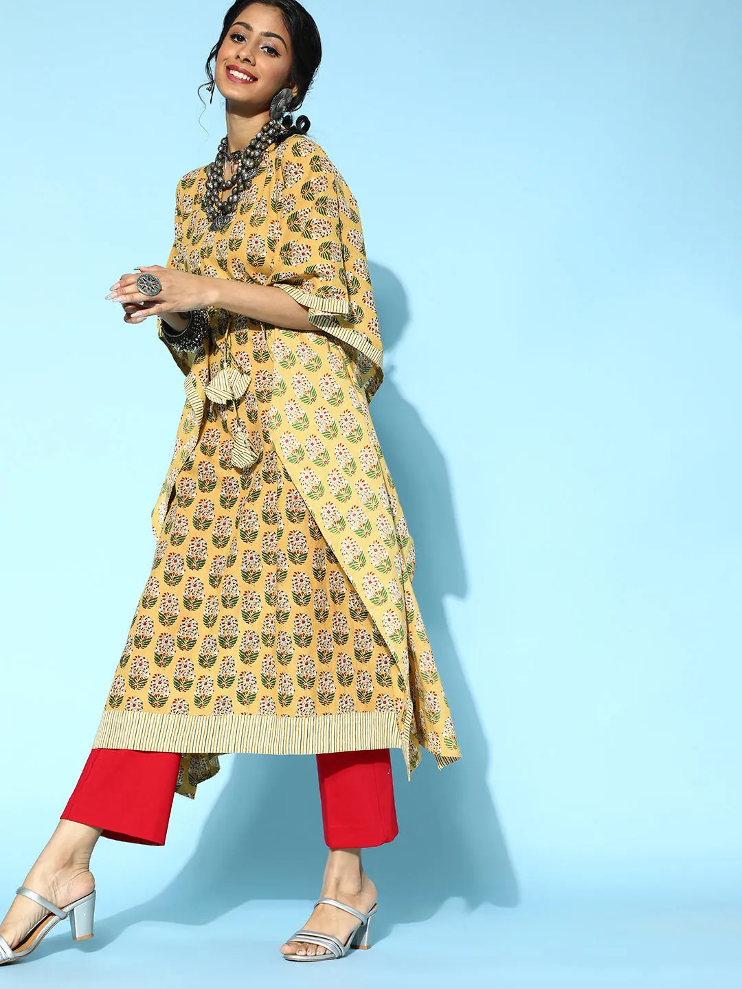 Women Mustard Cotton Kaftan Kurta