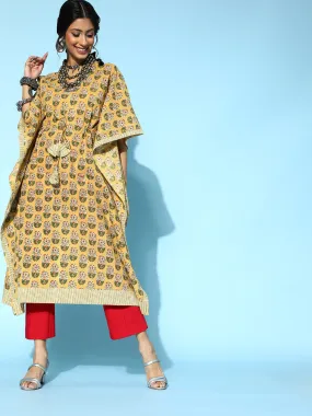 Women Mustard Cotton Kaftan Kurta