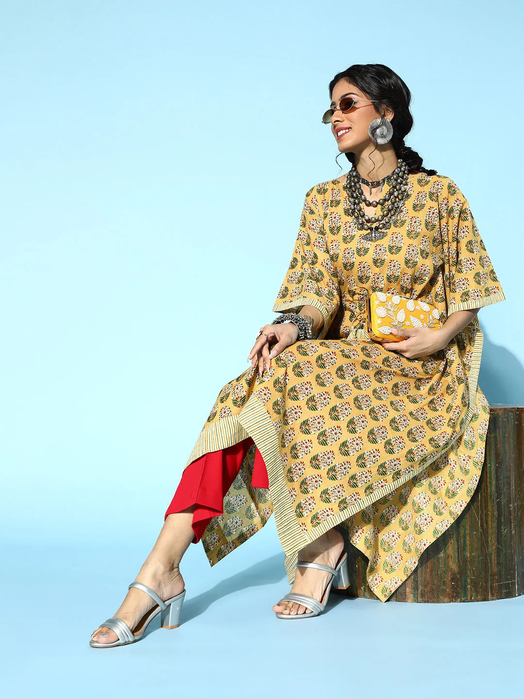 Women Mustard Cotton Kaftan Kurta