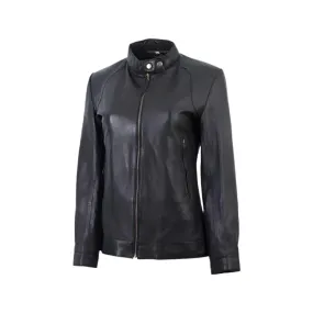 Women's Black Band Collar Biker Leather Jacket