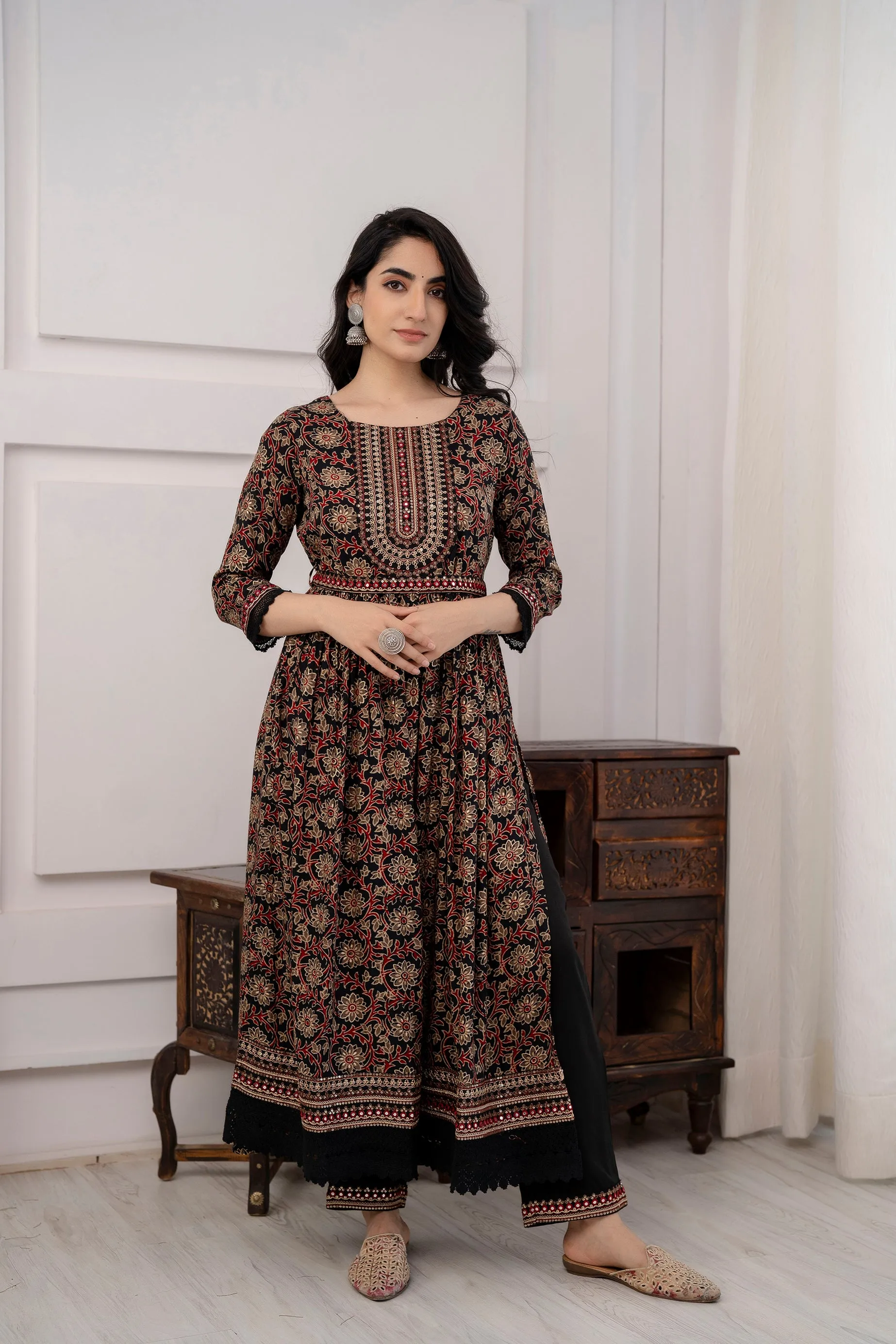 Women's  Black Nyara Cut A-line Kurta, Pant & Dupatta With Fancy Potli Set