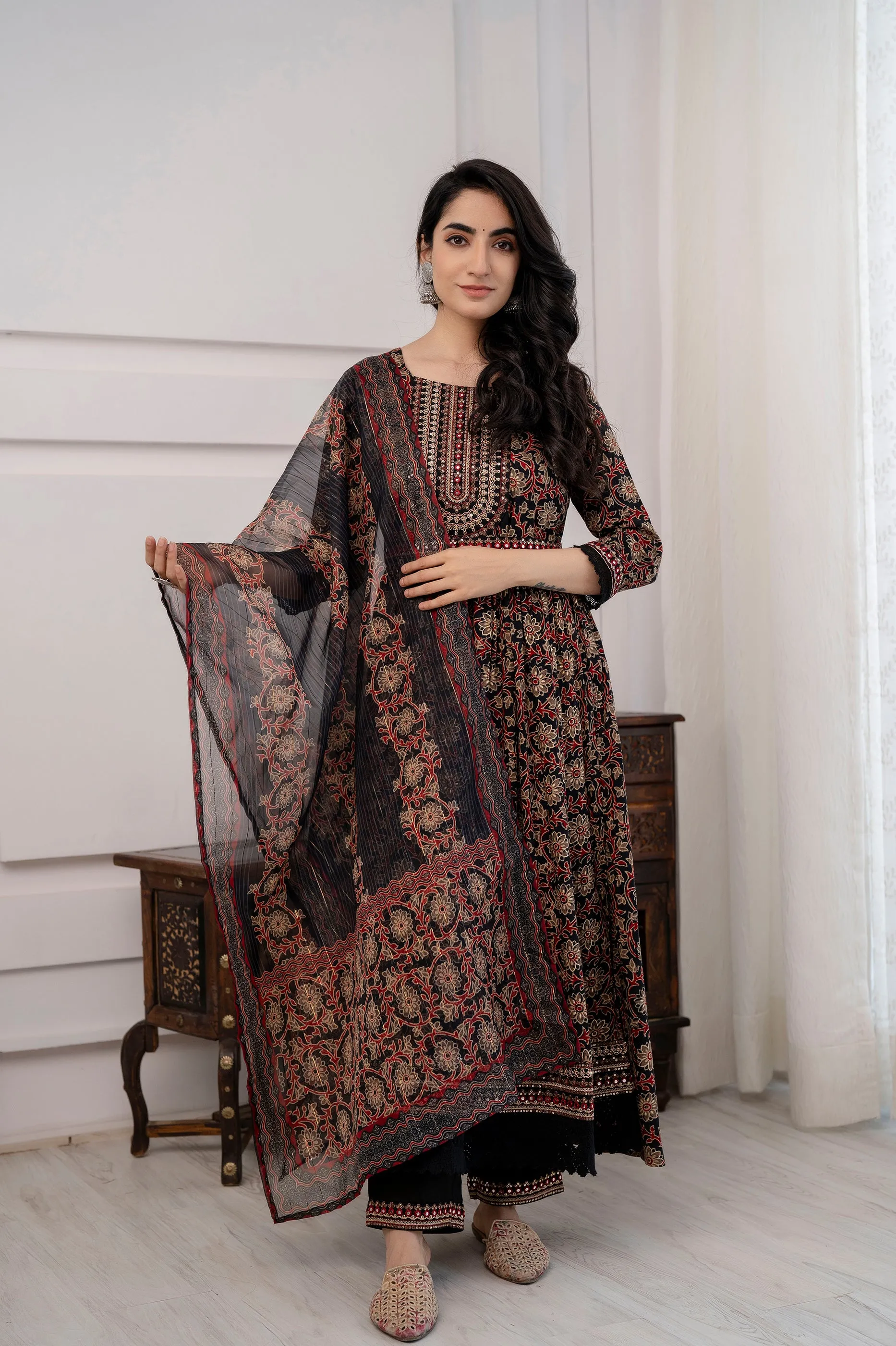 Women's  Black Nyara Cut A-line Kurta, Pant & Dupatta With Fancy Potli Set