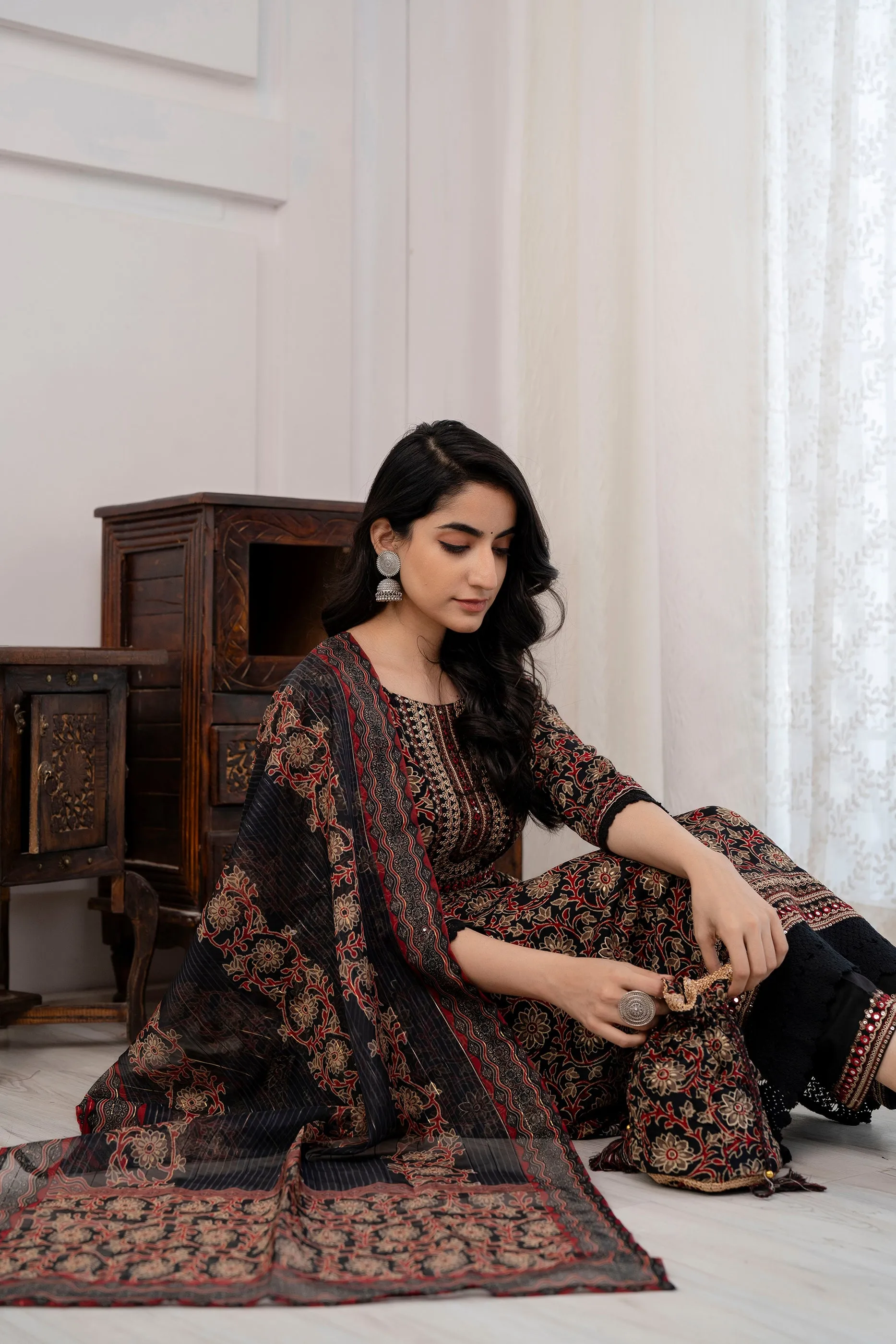 Women's  Black Nyara Cut A-line Kurta, Pant & Dupatta With Fancy Potli Set