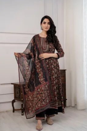 Women's  Black Nyara Cut A-line Kurta, Pant & Dupatta With Fancy Potli Set