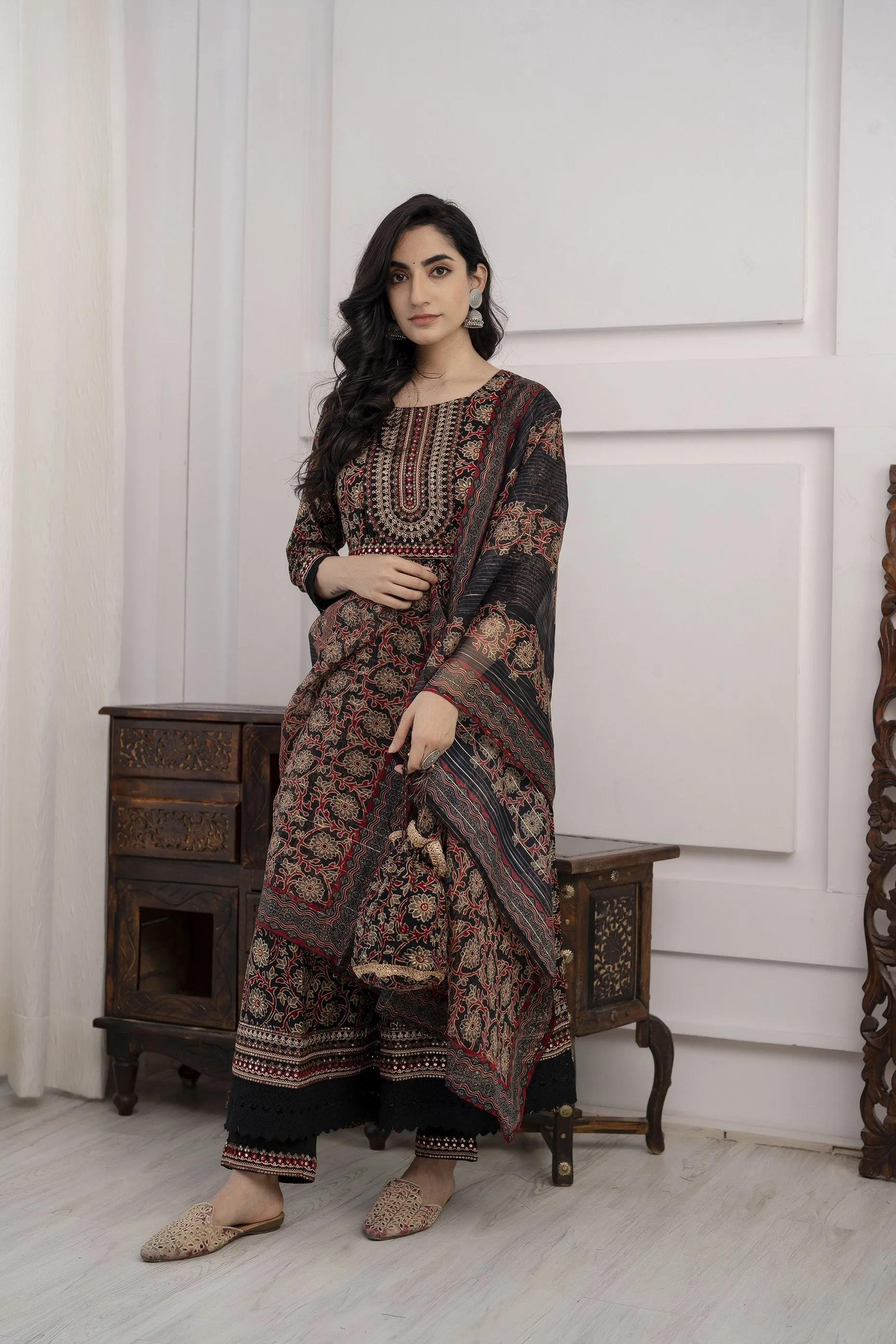 Women's  Black Nyara Cut A-line Kurta, Pant & Dupatta With Fancy Potli Set