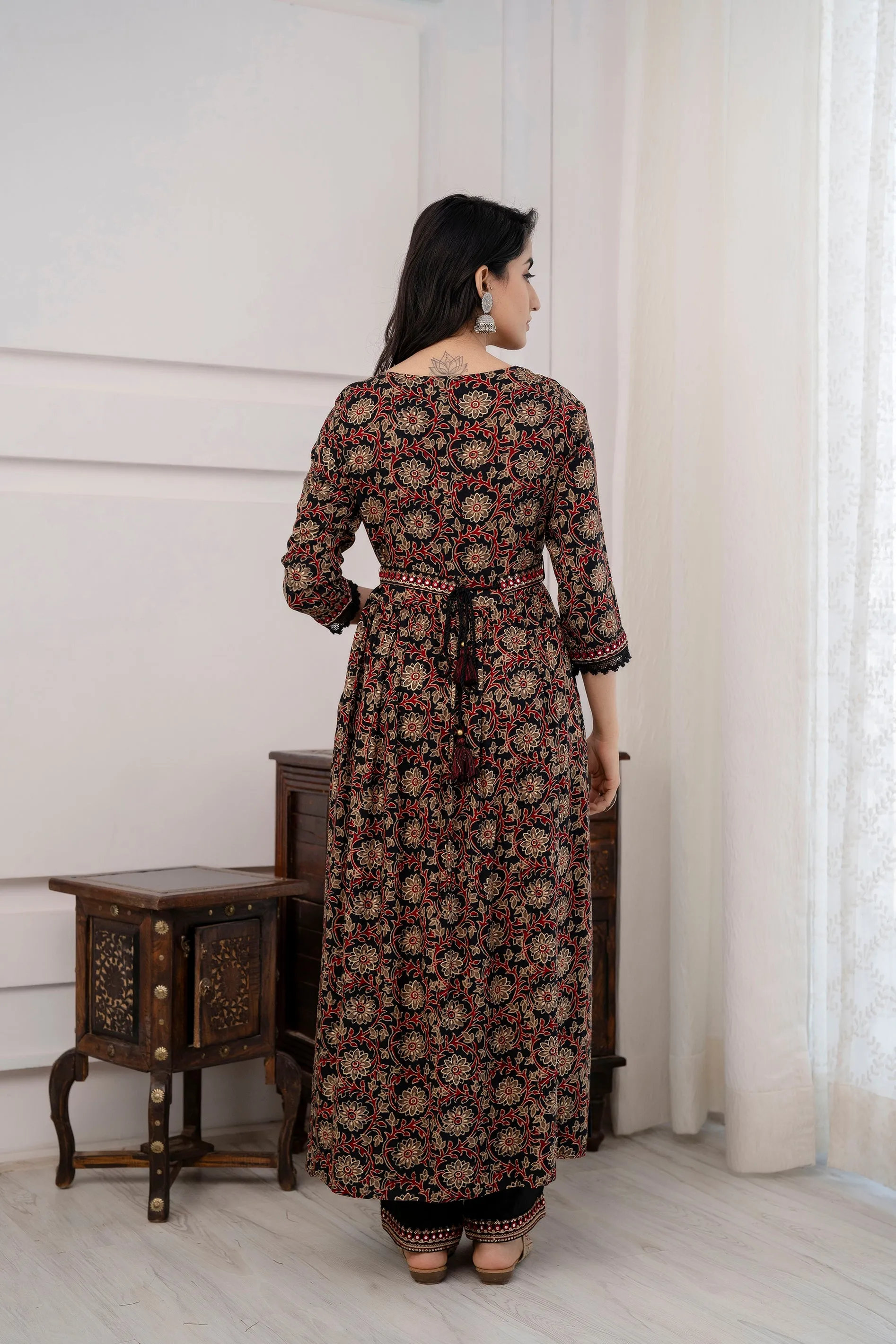 Women's  Black Nyara Cut A-line Kurta, Pant & Dupatta With Fancy Potli Set