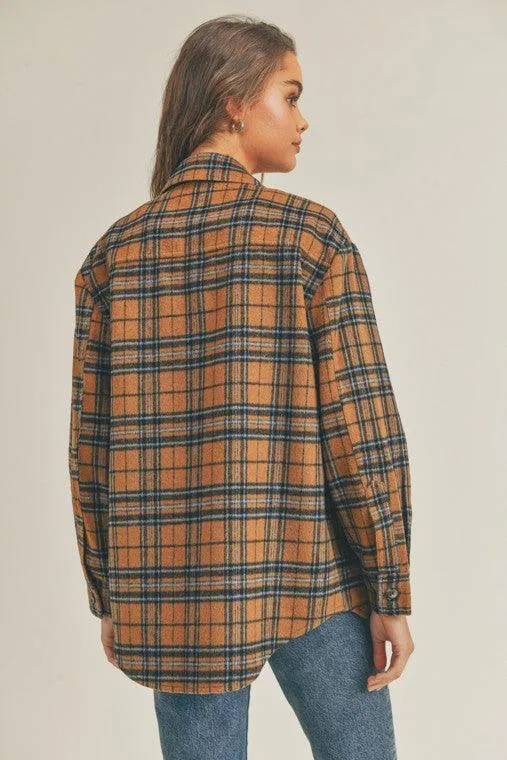 Womens Brown Blue Multi Plaid Flannel Shacket