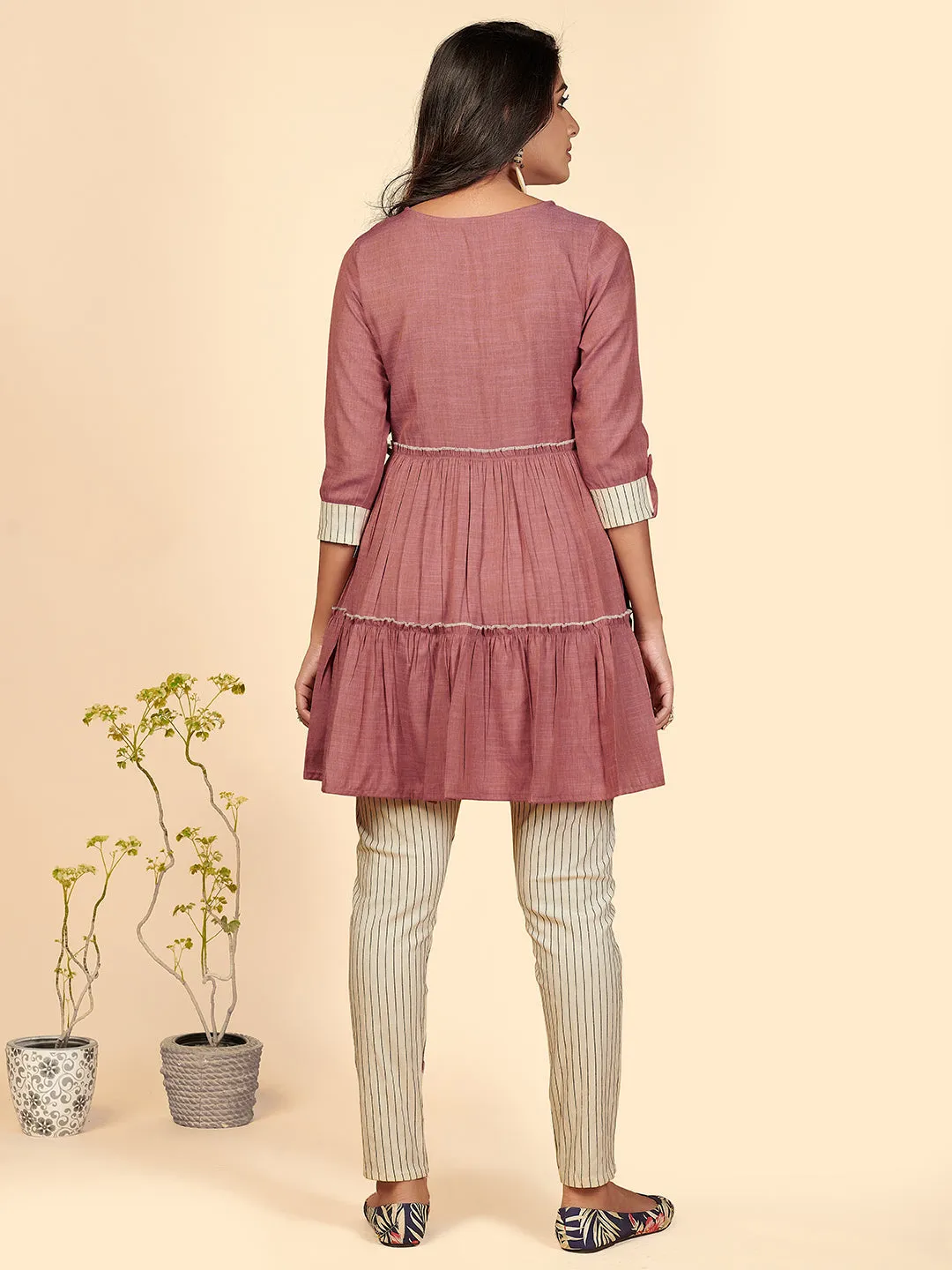 Women'S Embroidered Flared Cotton Pink Stitched Top With Pant