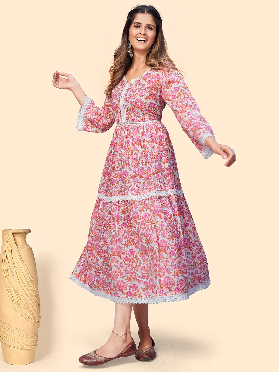 Women'S Floral Print Flared Cotton Pink Stitched Kurta