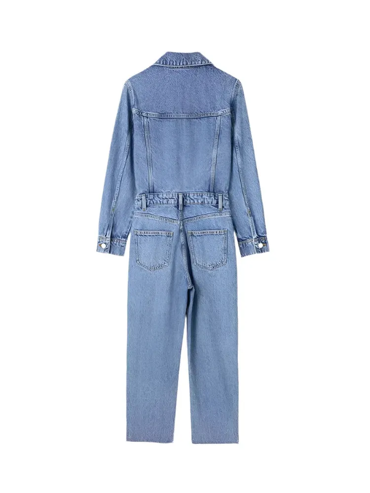 Women's High Waist Denim Jumpsuit - Long Notched Sleeves