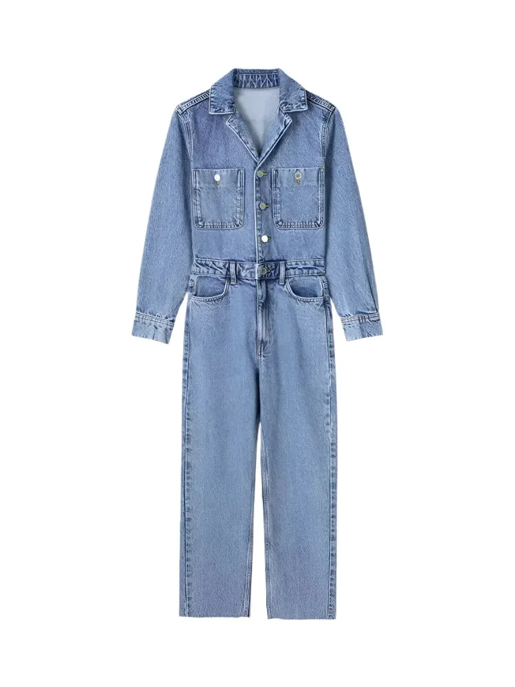 Women's High Waist Denim Jumpsuit - Long Notched Sleeves