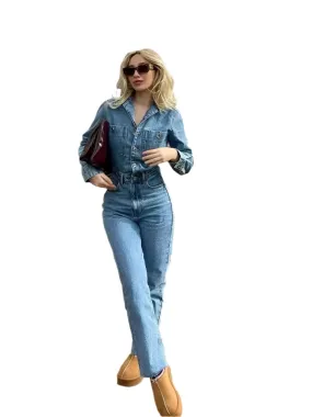 Women's High Waist Denim Jumpsuit - Long Notched Sleeves