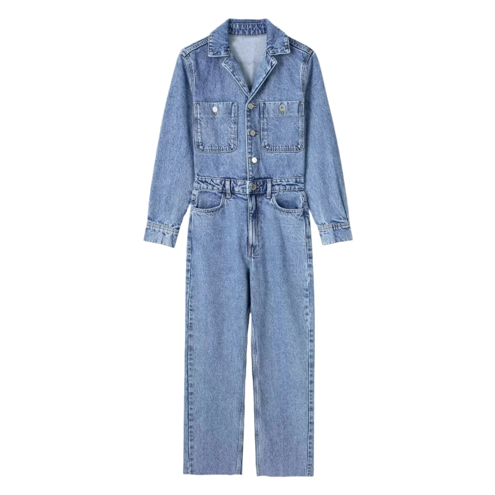 Women's High Waist Denim Jumpsuit - Long Notched Sleeves