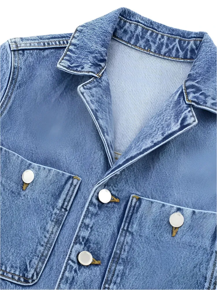 Women's High Waist Denim Jumpsuit - Long Notched Sleeves