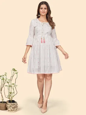 Women'S Printed Flared Cotton Off White Stitched Dress