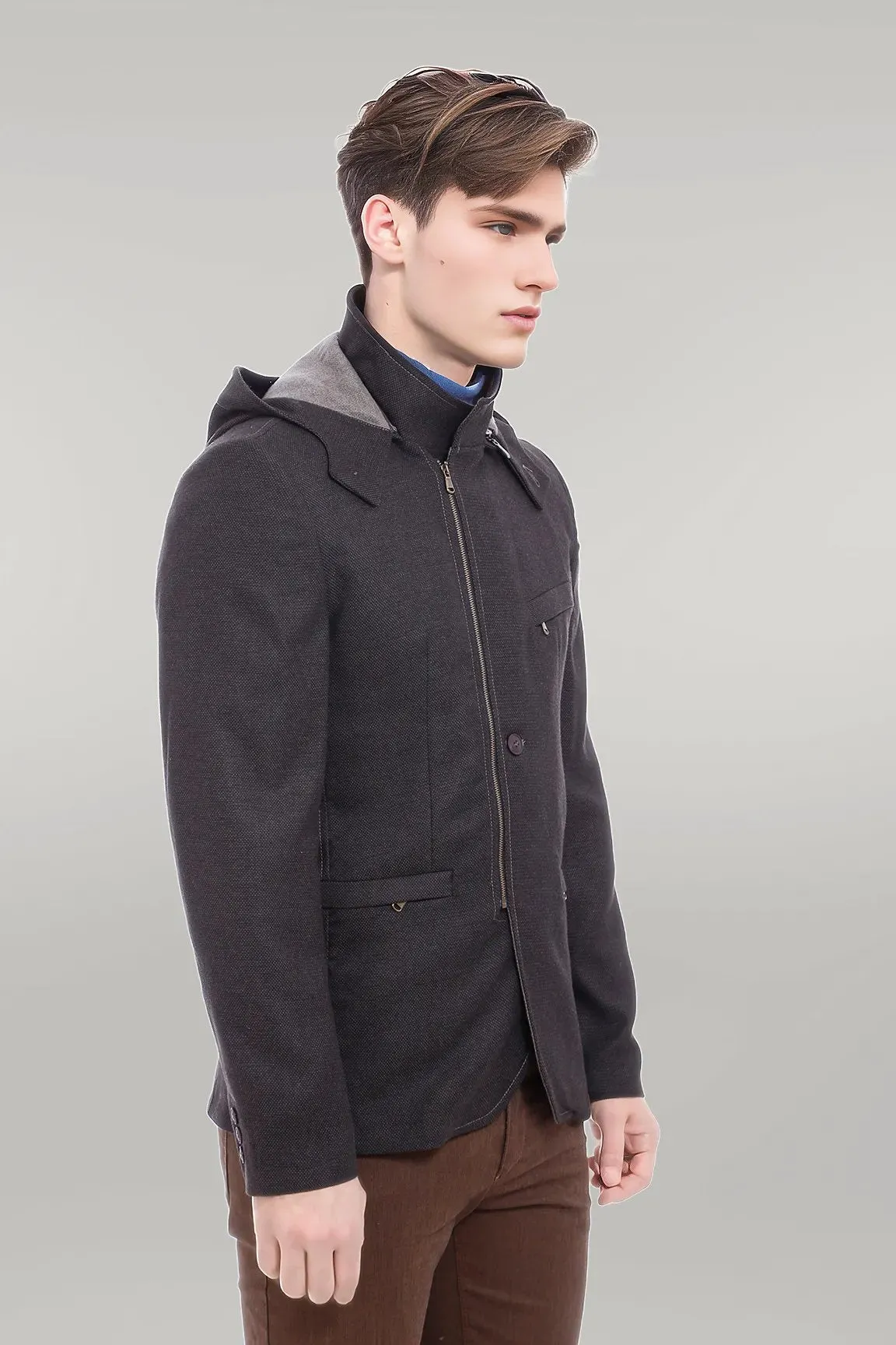 WSS 3 Pockets Hooded Zippered Wool Brown Men Short Coat- - Singen