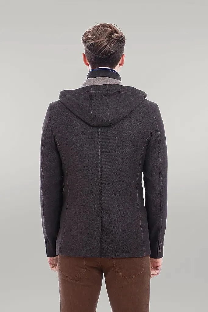 WSS 3 Pockets Hooded Zippered Wool Brown Men Short Coat- - Singen