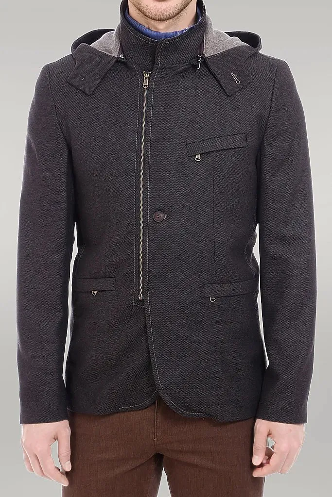 WSS 3 Pockets Hooded Zippered Wool Brown Men Short Coat- - Singen
