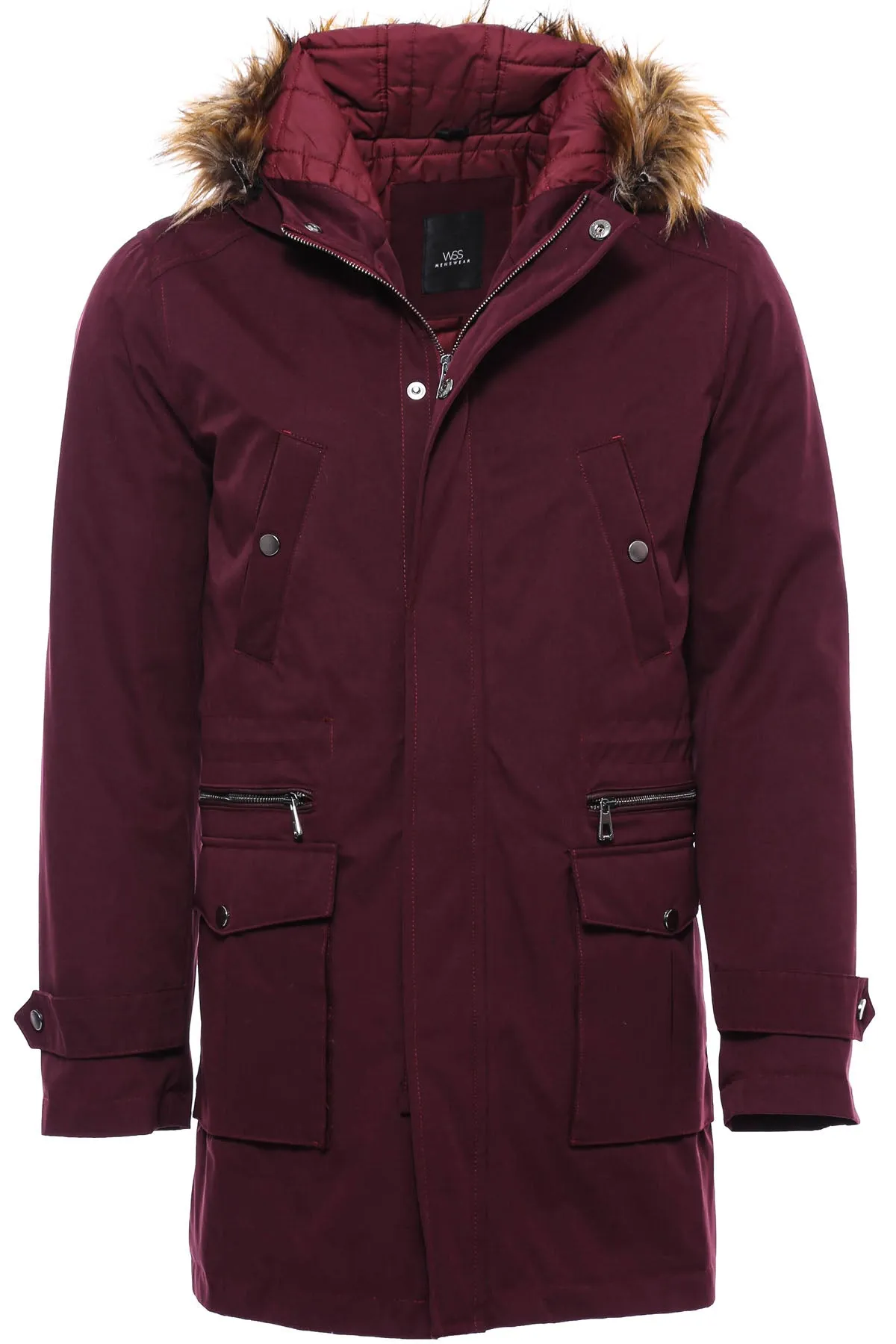 WSS Fur Hooded Burgundy Men Coat  - Singen